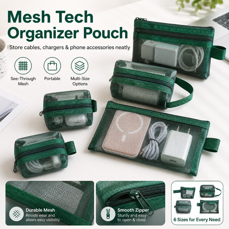 6PCS Mesh Tech Organizer Pouch - đánh giá và giá Office Tech Bag