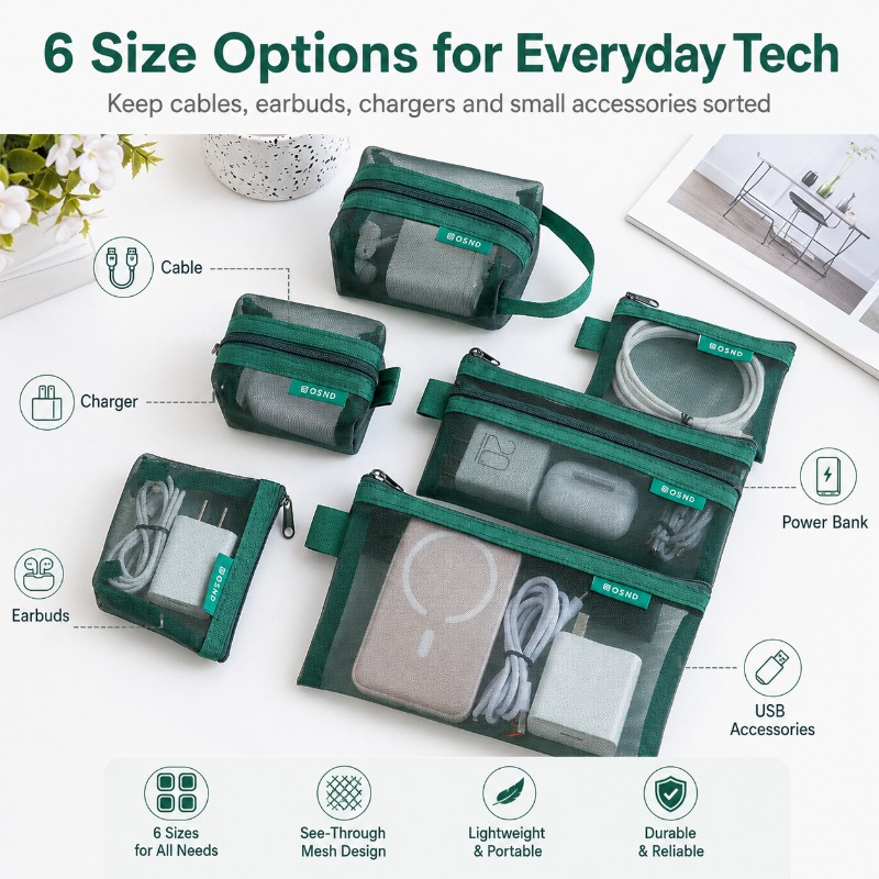 6PCS Mesh Tech Organizer Pouch - đánh giá và giá Office Tech Bag